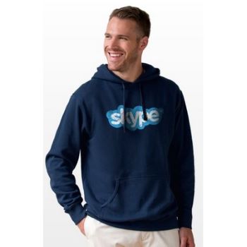 man in navy blue hoodie with Skype logo