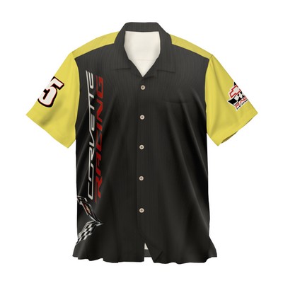 blacmk bowling shirt with logos and yellow sleeves