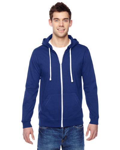 man wearing royal blue hoodie with white zipper and drawcord