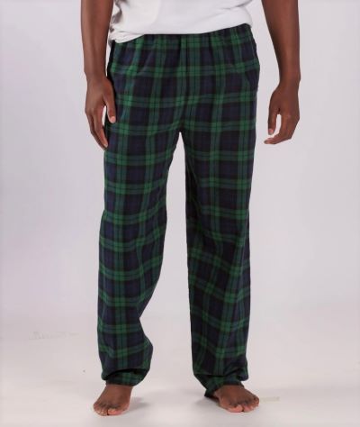 man wearing green and blue Black Watch plaid flannel pajama pants