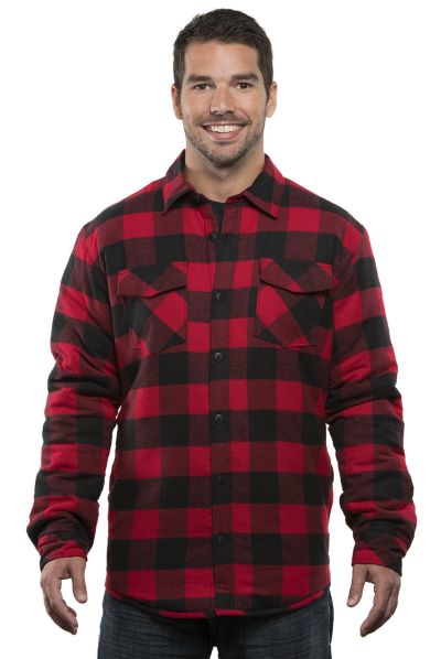 man wearing red and black buffalo check shirt jacket shacket