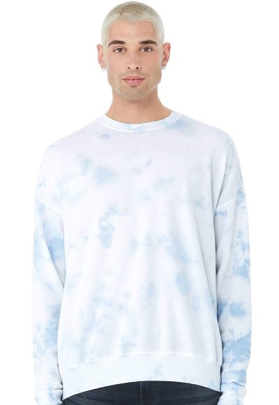 man wearing sky blue and white cloud tie dye sweatshirt
