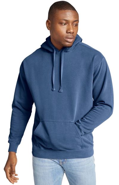 man wearing blue hoodie kangaroo pockets