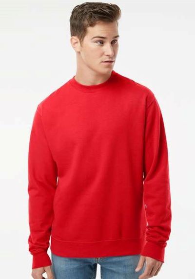 man wearing red crewneck sweatshirt