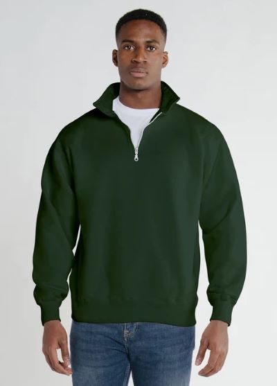 man wearing dark green quarter zip sweatshirt