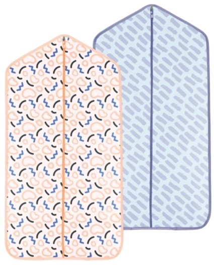 pair of custom printed garment bags, one pink, one blue