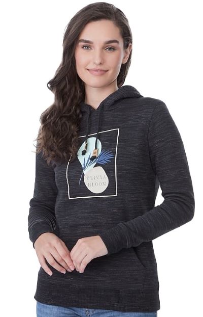 woman wearing black space dye doodie with large front logo