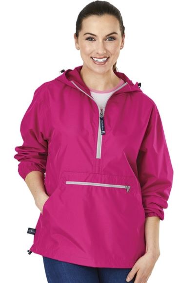woman wearing pink packable pullover with half zip