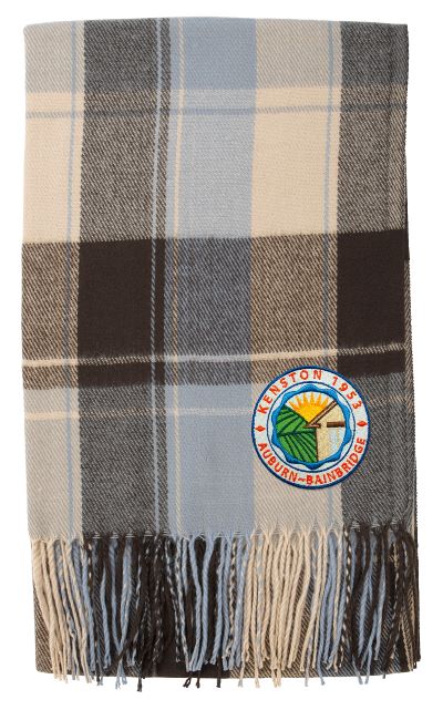 plaid woven scarf with fringe and logo patch