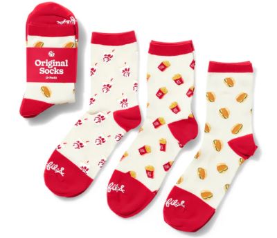 three pairs of red and white Chick-fil-A socks