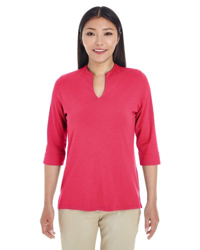 woman wearing 3/4-sleeve tailored blouse keyhole neckline coral red