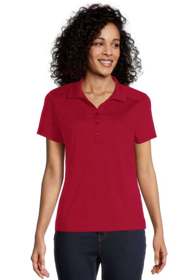 woman wearing a red polo shirt