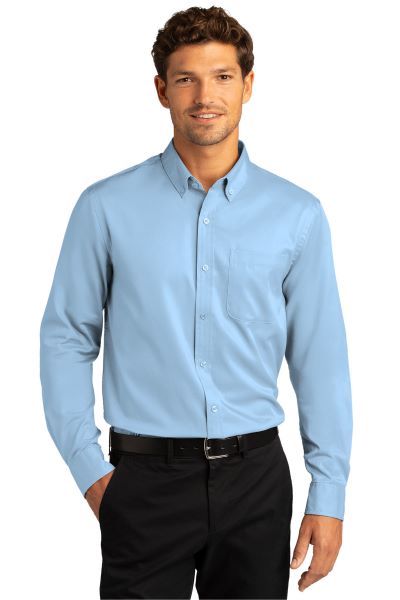 man wearing light blue button-down shirt long sleeves office Oxford shirt