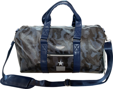 blue gray camouflage Top Gun custom vegan leather duffel bag