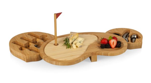 golf cheese cutting and serving board with swing out tool drawers