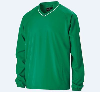 green long-sleeve V-neck windshirt with white stripes on sleeves