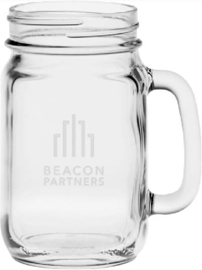 clear glass etched Mason jar with handle