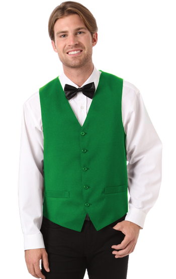 man wearing green waiter vest with buttons