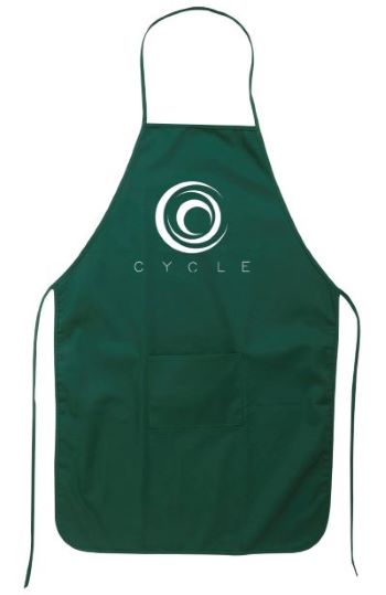 green apron with large logo and front pocket