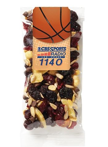 trail mix in a clear bag with basketball logo label