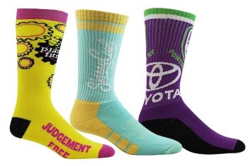 trio of custom designed full-color socks