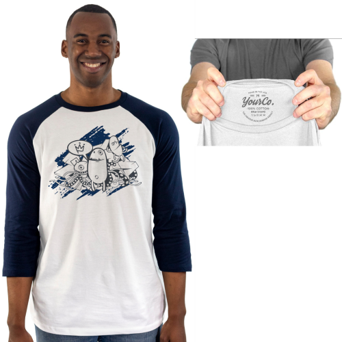 man wearing 3/4 sleeve baseball tee with graphic - inset showing custom label printed inside