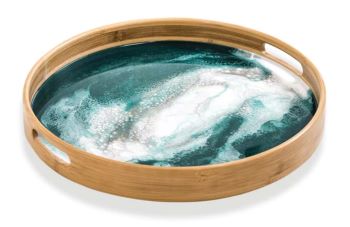 round bamboo serving tray with decorative resin inlay