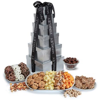 tower of treats gift set with six boxes of snacks including pretzels, popcorn, cookies and more