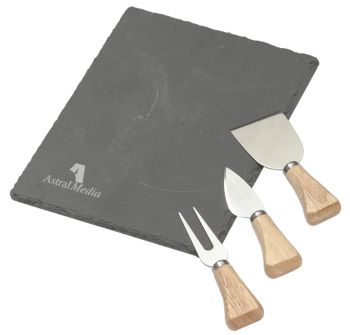 slate cheese board with fork, knife and spreader