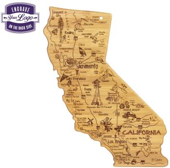 bamboo cutting board shaped like California and etched with map of local attractions