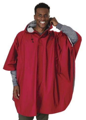heavy-duty reusable poncho with hood, packable, red
