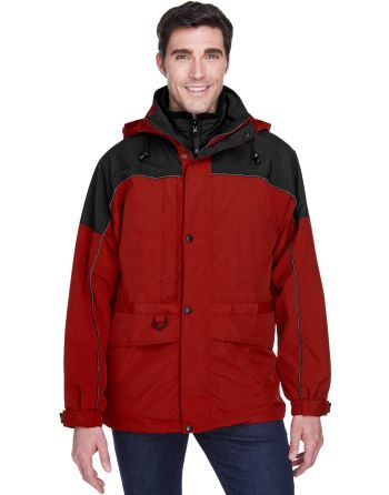 man wearing North End Adult 3-in-1 Two-Tone Parka, red - black