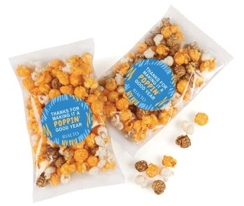 mixed Chicago-style popcorn snack bags with custom label
