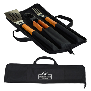 Three-Piece Wooden Barbecue Tool Set in a black canvas carrying case.