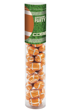 clear tube filled with foil-wrapped candy footballs