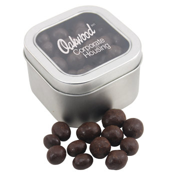 candy tin with branded window lid, filled with chocolate espresso beans