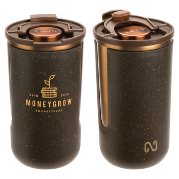 coffee tumbler made with used coffee grounds - front & back view