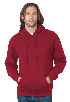 man wearing red hoodie with his hands in the front kangaroo pocket