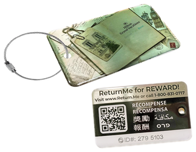 luggage tag with QR code to report and return via ReturnMe