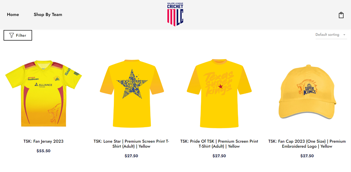 yellow jersey, tees and ball cap for Major League Cricket team Texas Super Kings