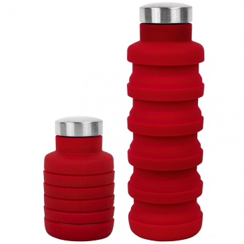 collapsible silicone water bottle, red with silver lid
