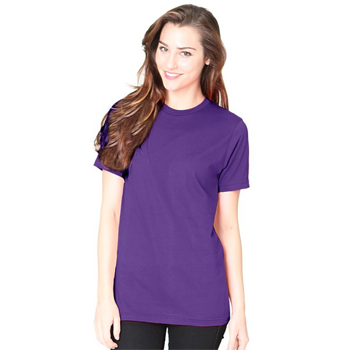 woman wearing purple crew neck T-shirt