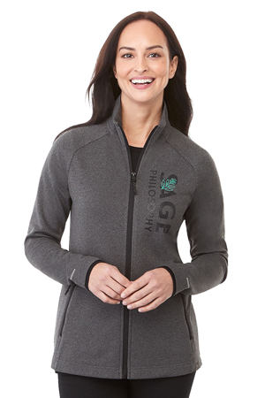 woman wearing tailored fleece jacket with full zip and left chest logo