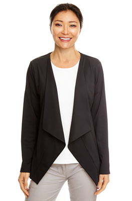smiling woman wearing draped cardigan blazer - Devon & Jones - black