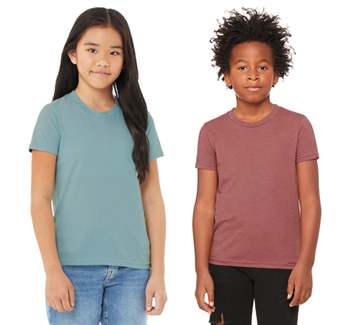 gril wearing sage green tee and boy wearing mauve tee