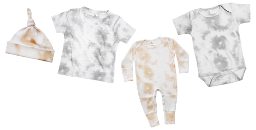 baby apparel tie-dyed in gray and tan