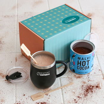 hot cocoa gift box with insulated mug and hot chocolate mix