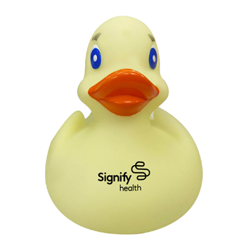 yellow rubber ducky with logo on chest