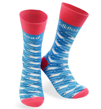 custom socks with blue argyle pattern and brand name at top cuff