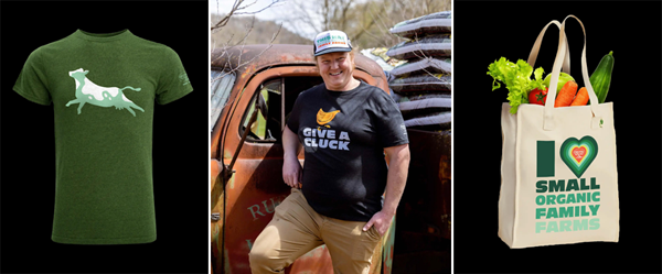 Organic Valley farmer merch: leaping cow tee, give a cluck tee, canvas tote bag